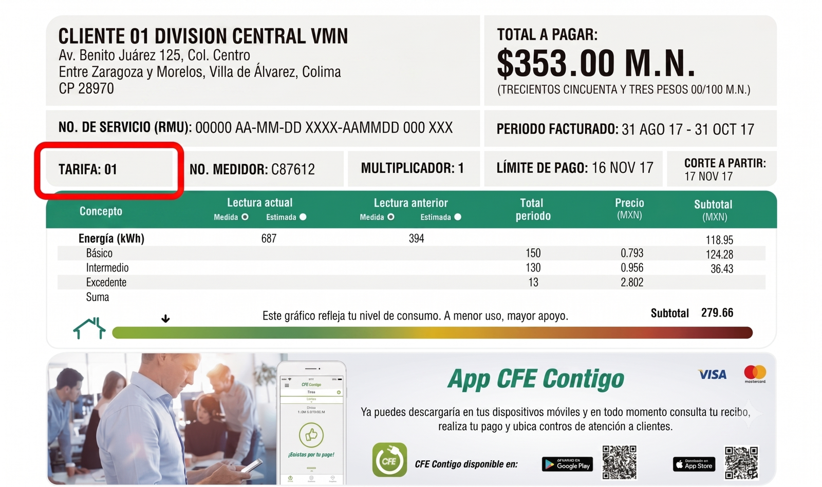 Ejemplo de dónde encontrar la tarifa en el recibo CFE